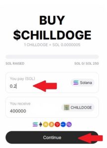 3.a Input amount off SOL you want to buy3.b Click Continue